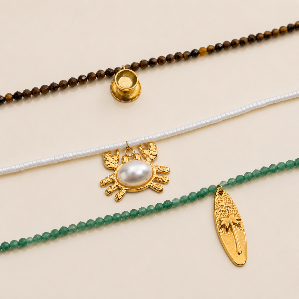 Collane Summer - chiusure e charms in acciaio inossidabile placcato oro 18k PVD - perline e perle