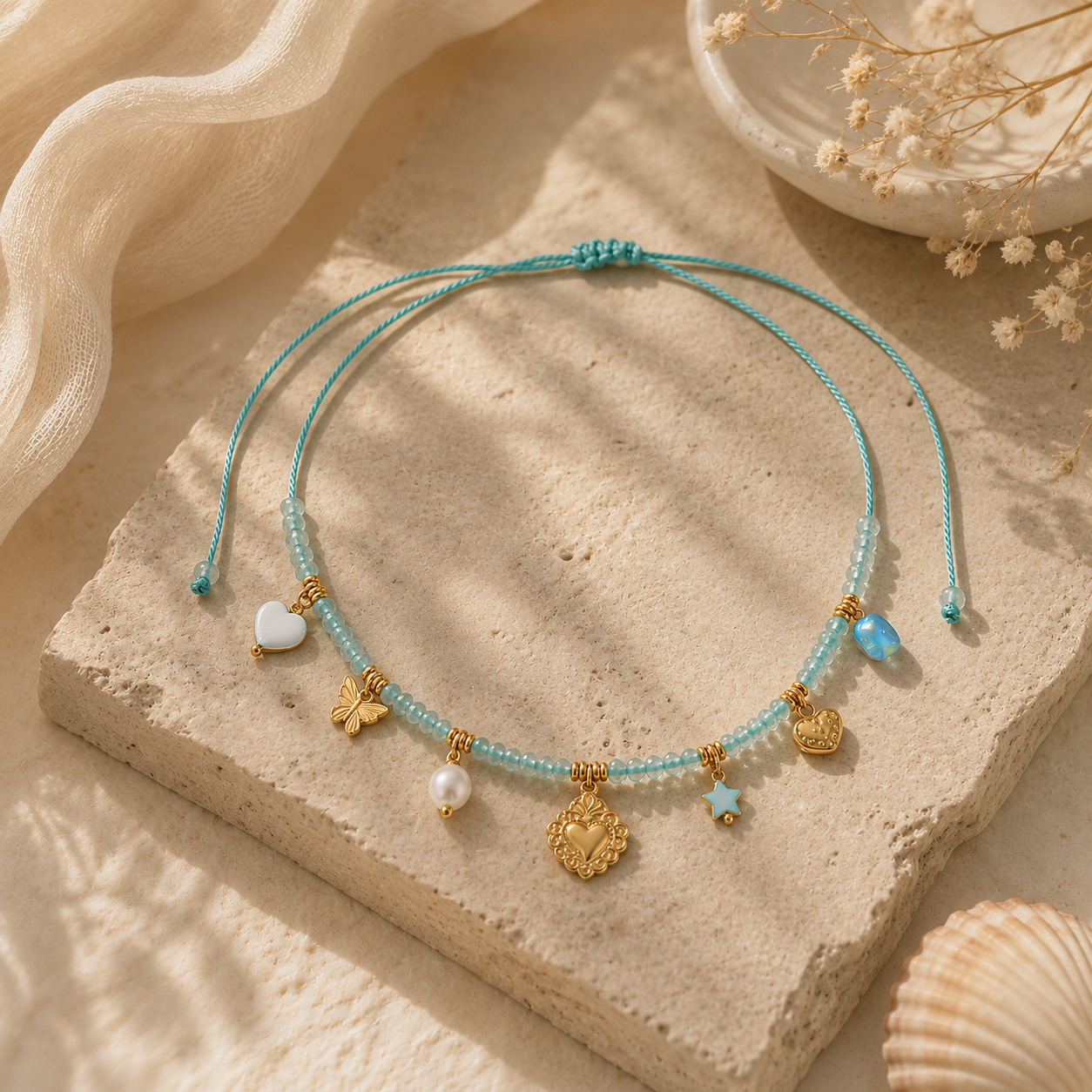 Collana Bluette - cordino regolabile e charms in acciaio inossidabile placcati oro 18k PVD - zirconi e perle