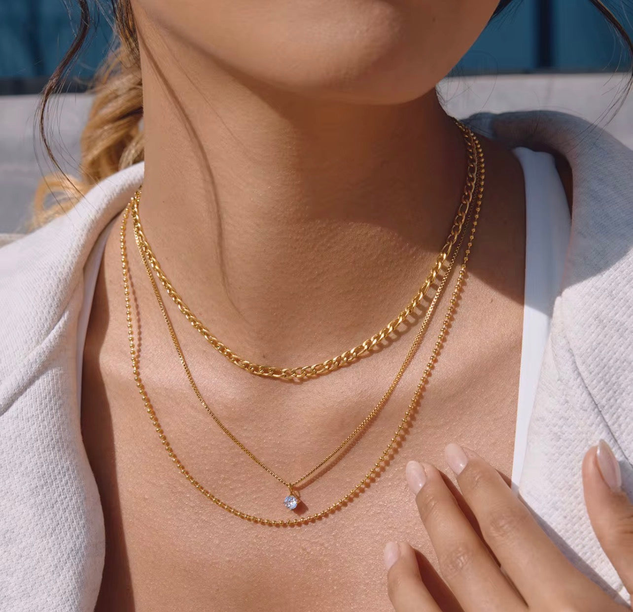 Collana Vanity - acciaio inossidabile placcato oro 18k PVD - zircone - composta da tre collane con un'unica chiusura - disponibile anche in silver