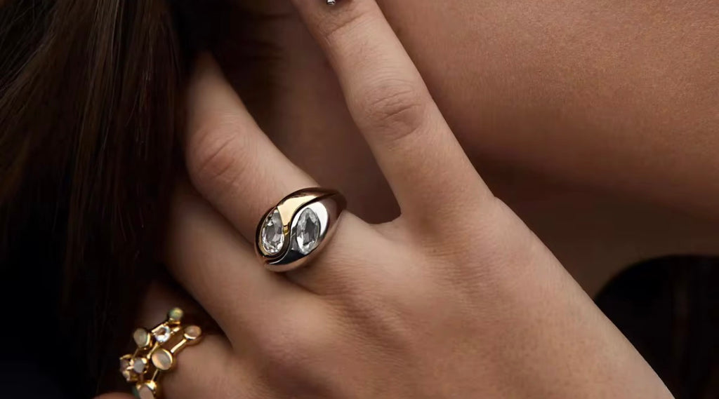 Anello GS componibile - acciaio inossidabile e acciaio inossidabile placcato oro 18k PVD - zircone - due anelli (uno gold e uno silver) venduti insieme