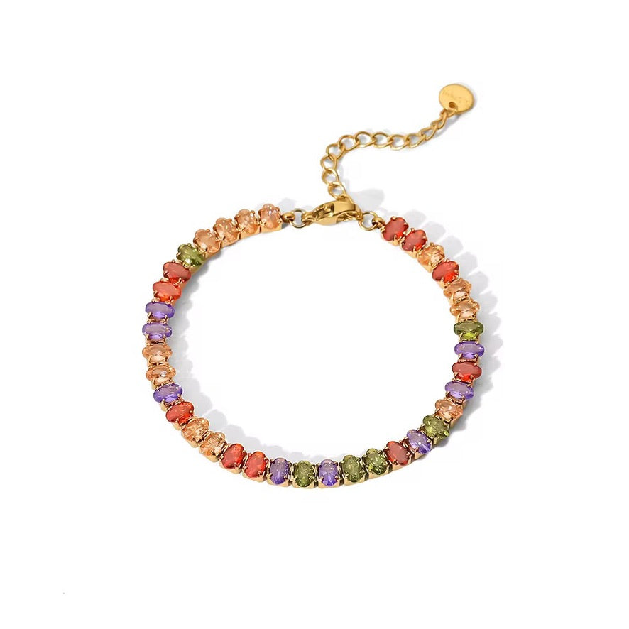 Bracciale tennis zirconi ovali - acciaio inossidabile placcato oro 18k PVD - zirconi colorati ovali