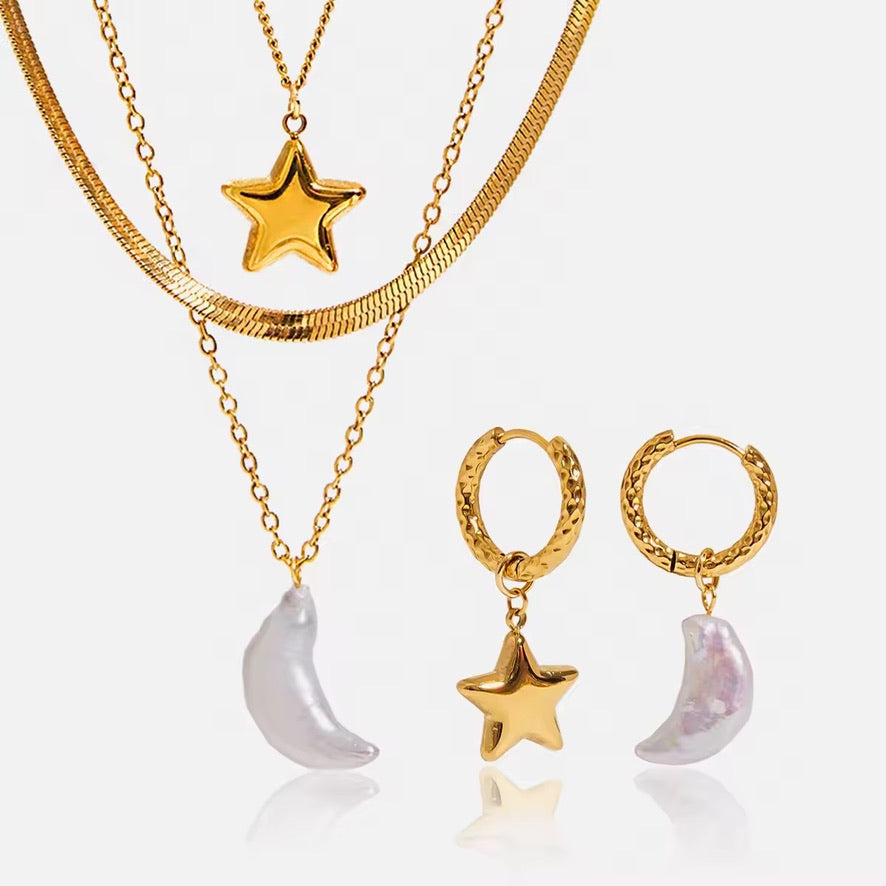 Set Pearly - collana + orecchini - acciaio inossidabile placcato oro 18k PVD - perle