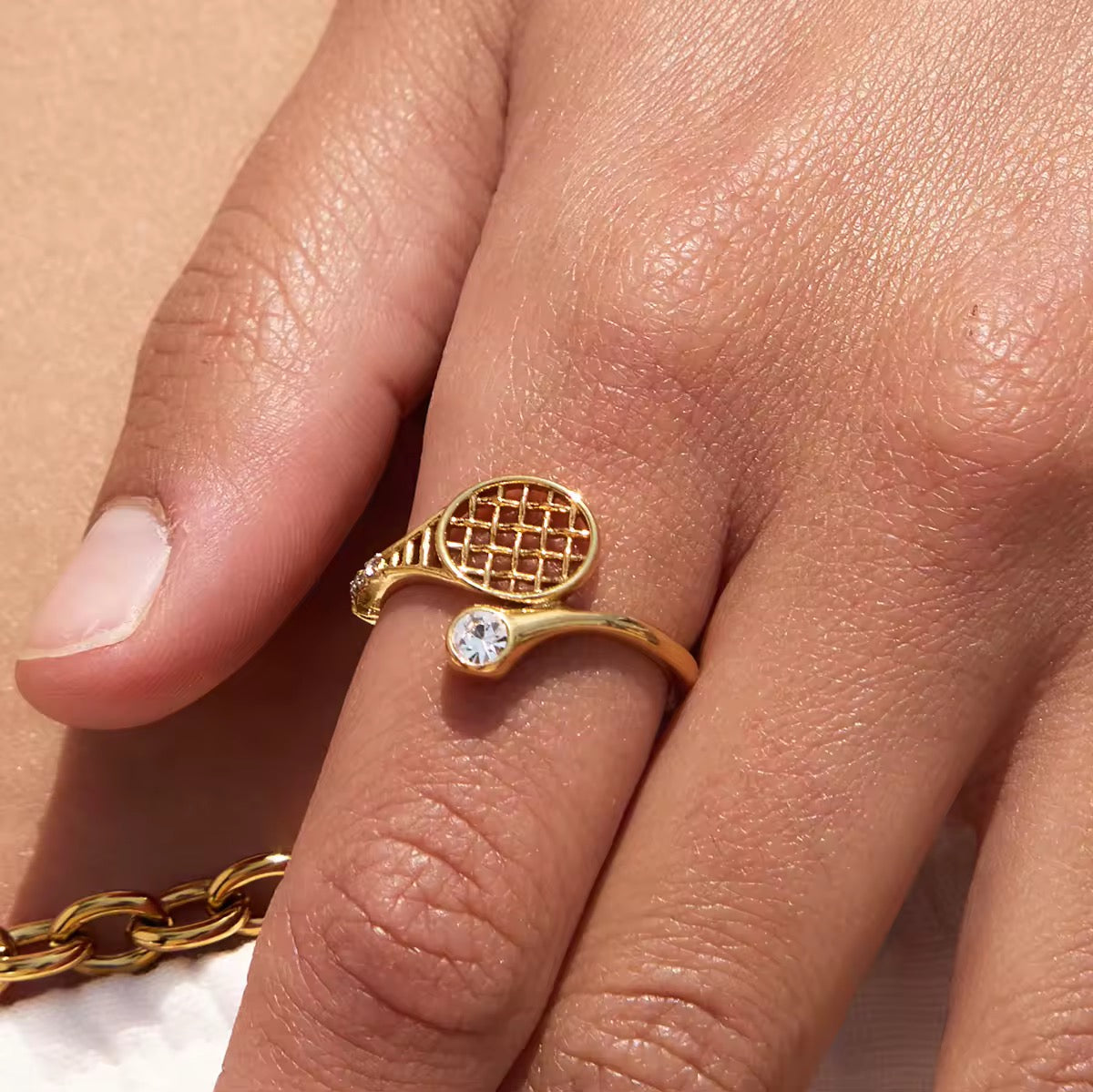 Anello Tennis Rachet - acciaio inossidabile placcato oro 18k PVD - zircone