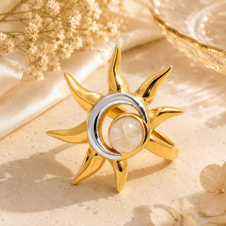 Anello Moon e sun - mix acciaio inossidabile e acciaio inossidabile placcato oro 18k PVD - regolabile