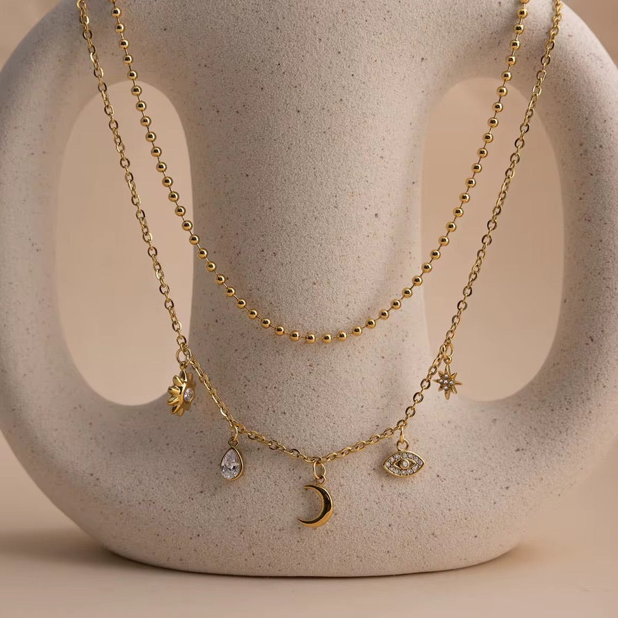 Collana Sunny - acciaio inossidabile placato oro 18k PVD - zirconi e pendenti