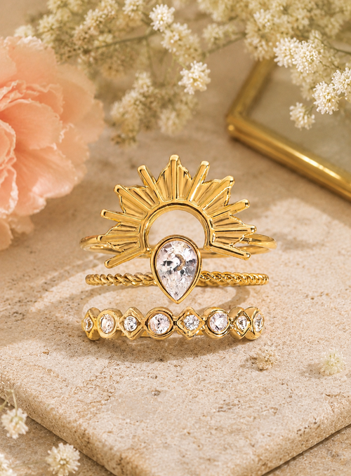 Anello combo (set di tre anelli) - acciaio inossidabile placcato oro 18k PVD - zirconi