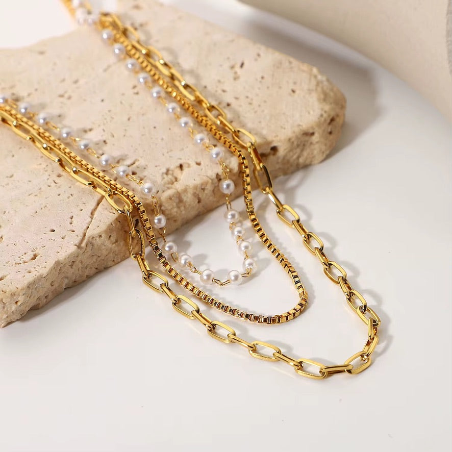 Collana Claire - acciaio inossidabile placcato oro 18k PVD - perle - tre collane insieme