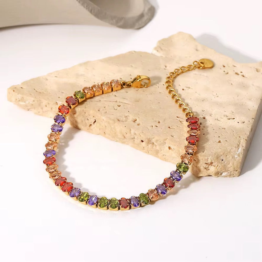 Bracciale tennis zirconi ovali - acciaio inossidabile placcato oro 18k PVD - zirconi colorati ovali
