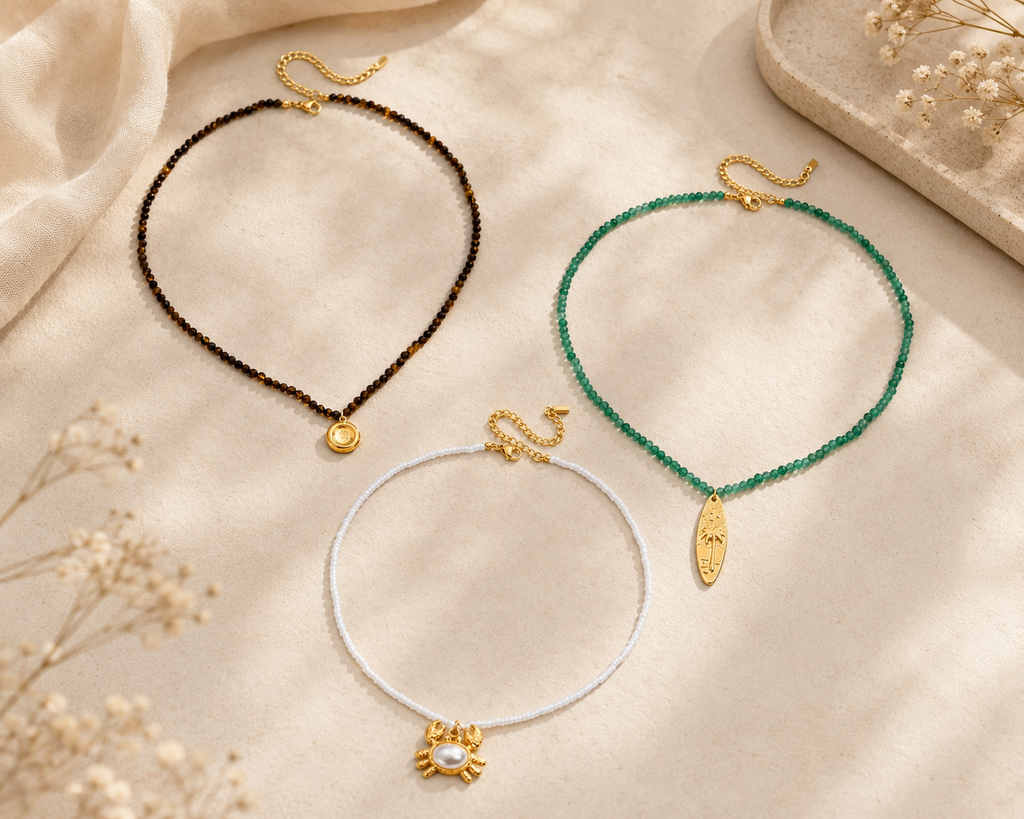 Collane Summer - chiusure e charms in acciaio inossidabile placcato oro 18k PVD - perline e perle