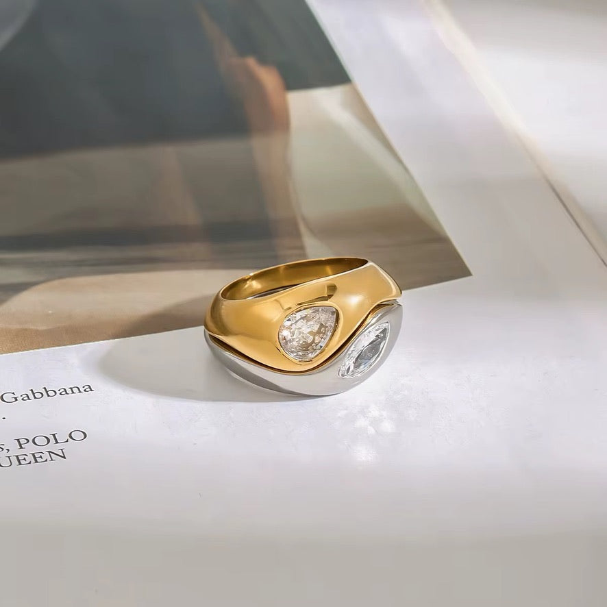 Anello GS componibile - acciaio inossidabile e acciaio inossidabile placcato oro 18k PVD - zircone - due anelli (uno gold e uno silver) venduti insieme