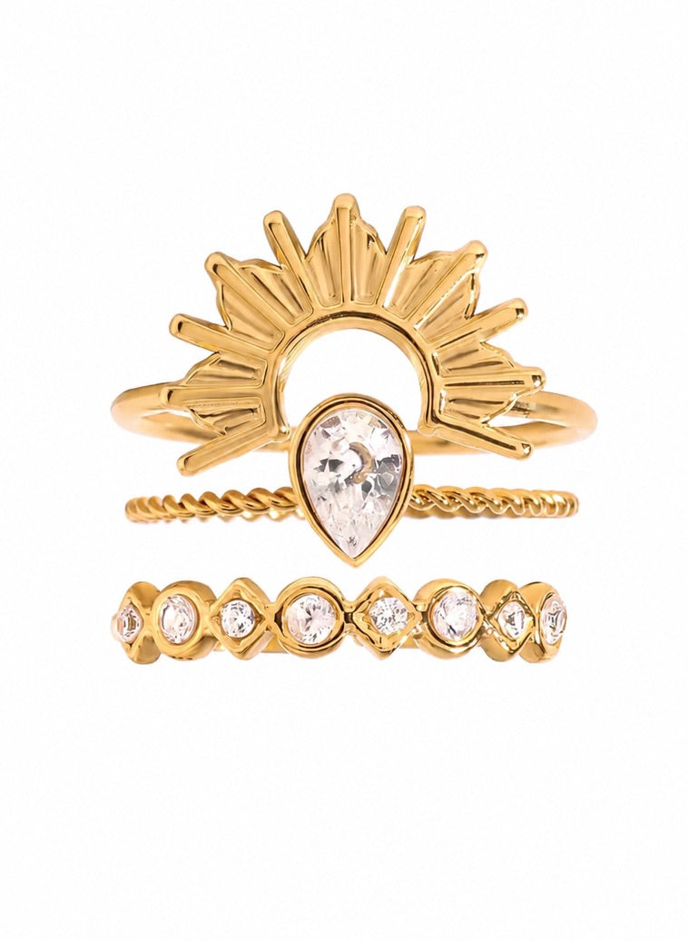 Anello combo (set di tre anelli) - acciaio inossidabile placcato oro 18k PVD - zirconi