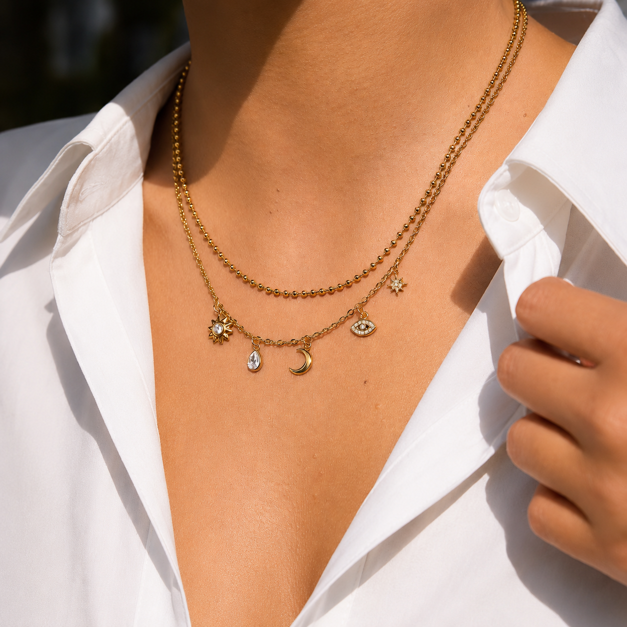 Collana Sunny - acciaio inossidabile placato oro 18k PVD - zirconi e pendenti