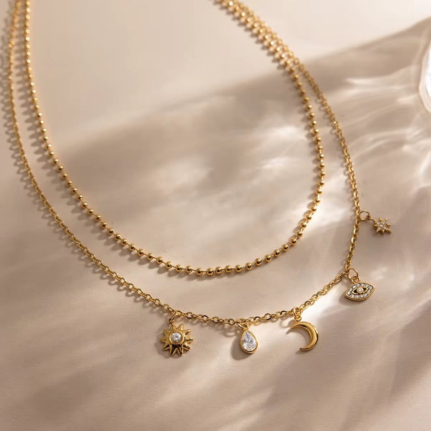 Collana Sunny - acciaio inossidabile placato oro 18k PVD - zirconi e pendenti