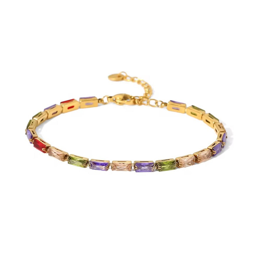 Bracciale tennis zirconi allungati - acciaio inossidabile placcato oro 18k PVD - zirconi colorati