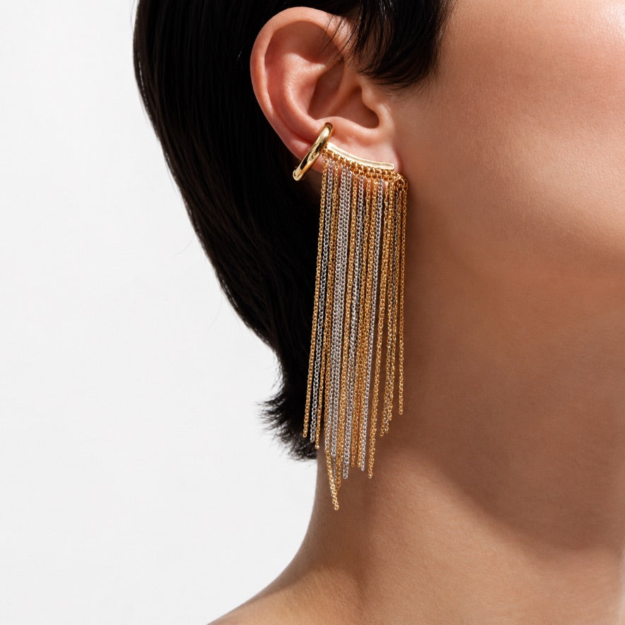 Mono orecchino Double Cascade - acciaio inossidabile e acciaio inossidabile placcato oro 18k PVD - mix gold e silver