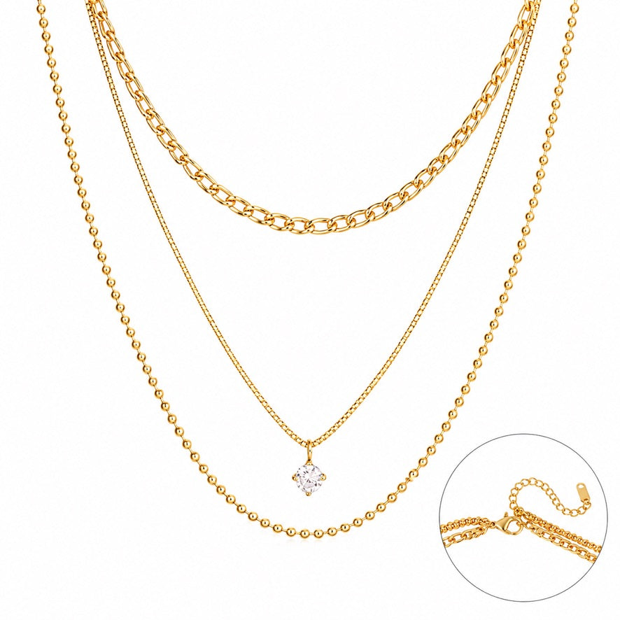 Collana Vanity - acciaio inossidabile placcato oro 18k PVD - zircone - composta da tre collane con un'unica chiusura - disponibile anche in silver