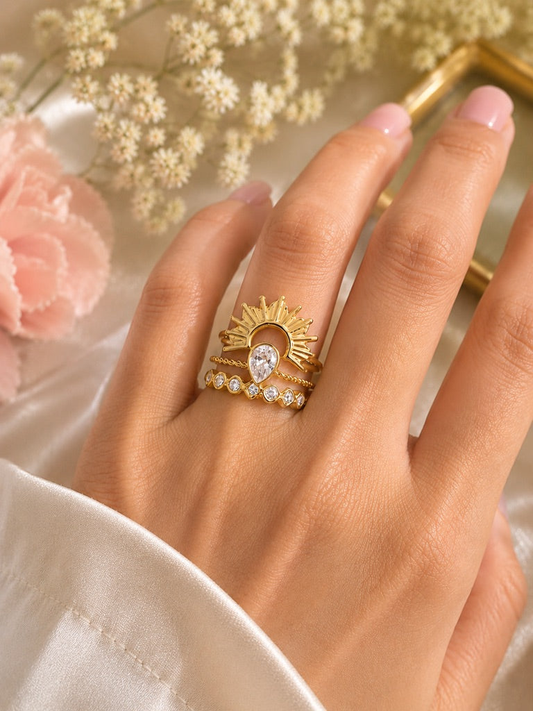 Anello combo (set di tre anelli) - acciaio inossidabile placcato oro 18k PVD - zirconi