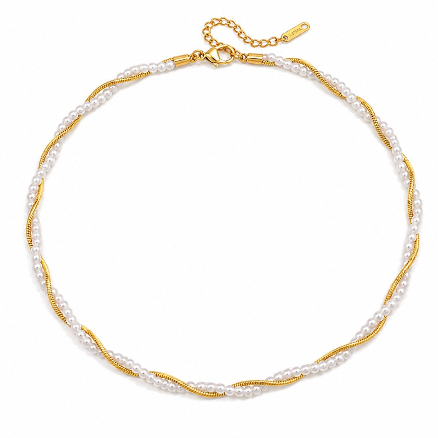 Collana Parel Intrecciata - un filo di perle e uno di acciaio inossidabile placcato oro 18k PVD che si intrecciano