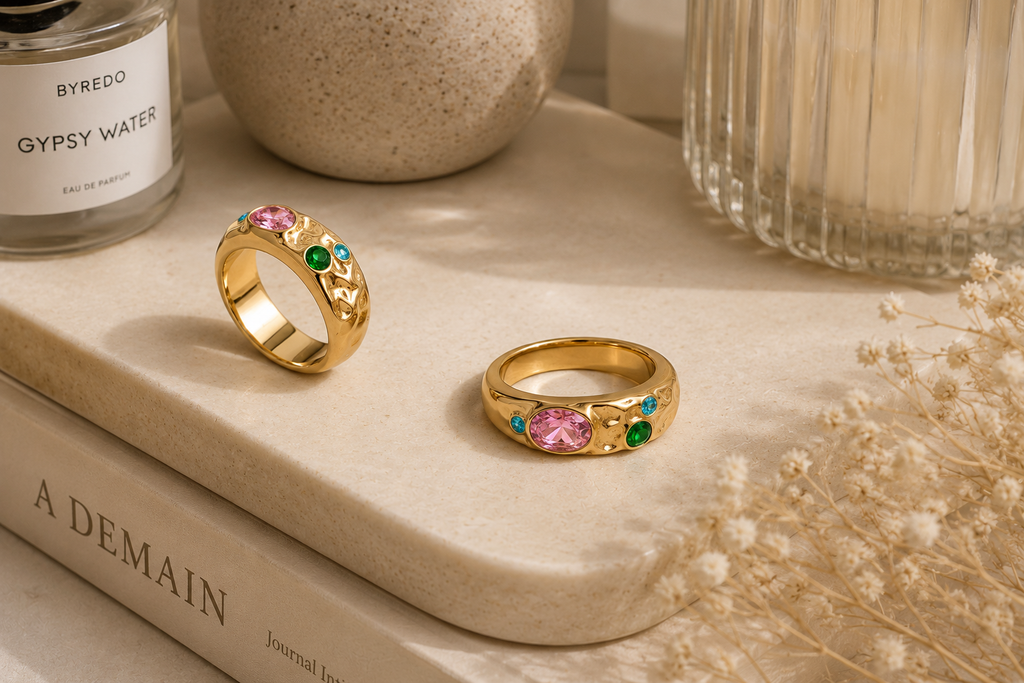 Anello Aurea color - acciaio inossidabile placcato oro 18k PVD - zirconi