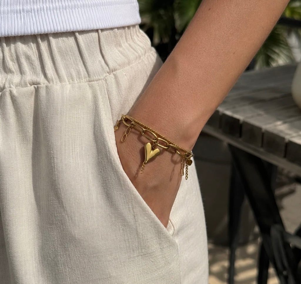 Bracciale cuore bombato - acciaio inossidabile placcato oro 18k PVD