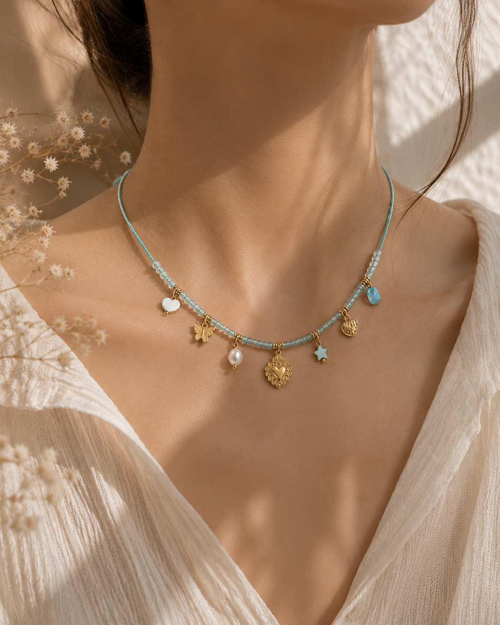 Collana Bluette - cordino regolabile e charms in acciaio inossidabile placcati oro 18k PVD - zirconi e perle