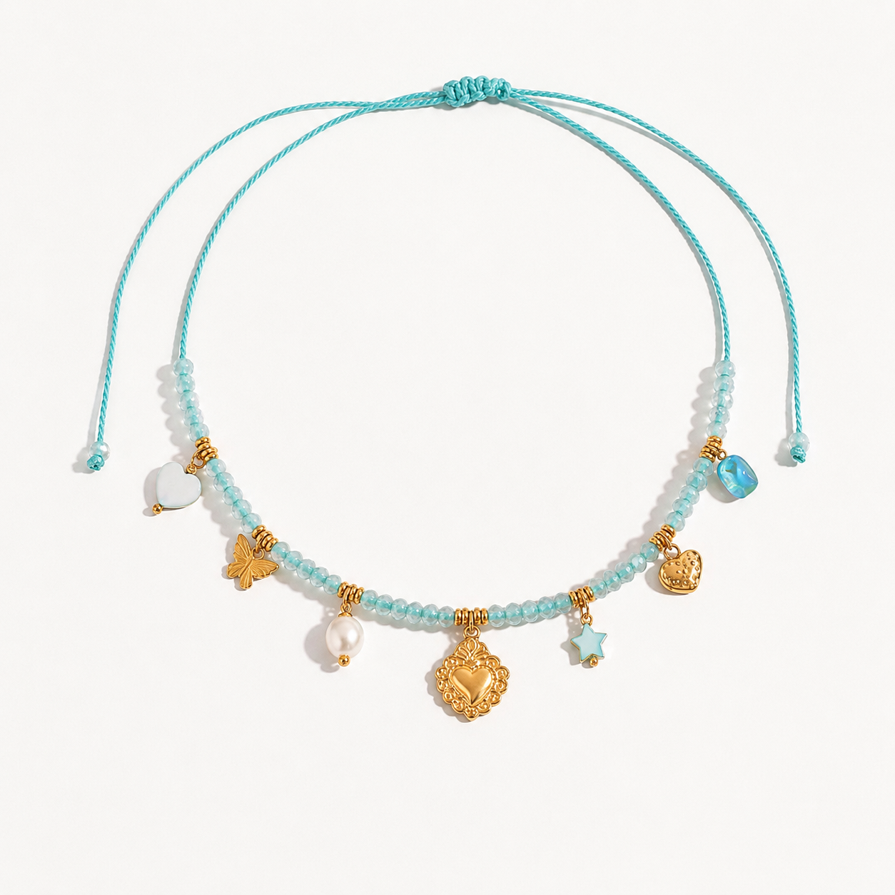 Collana Bluette - cordino regolabile e charms in acciaio inossidabile placcati oro 18k PVD - zirconi e perle