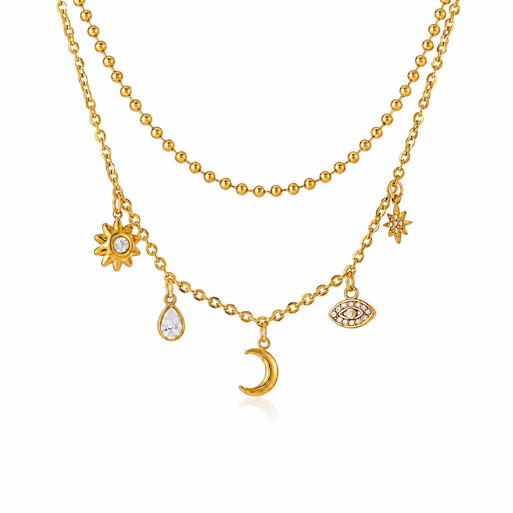 Collana Sunny - acciaio inossidabile placato oro 18k PVD - zirconi e pendenti