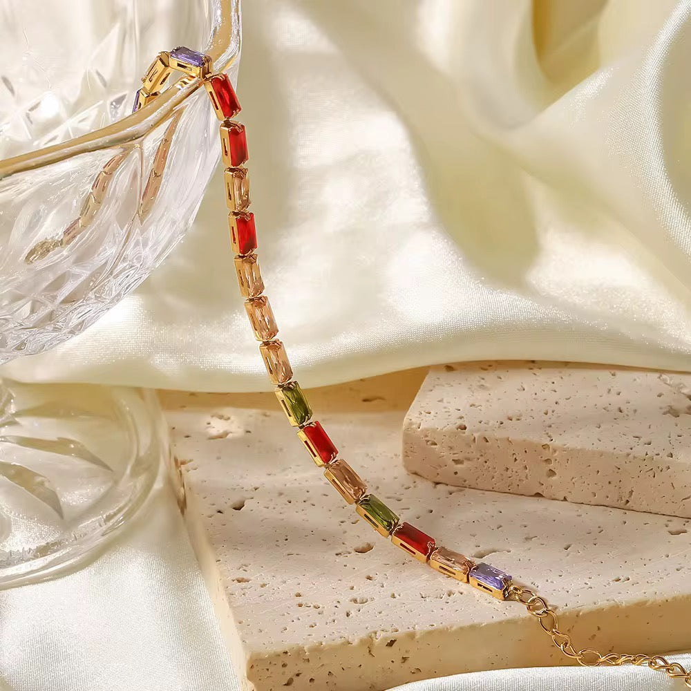 Bracciale tennis zirconi allungati - acciaio inossidabile placcato oro 18k PVD - zirconi colorati