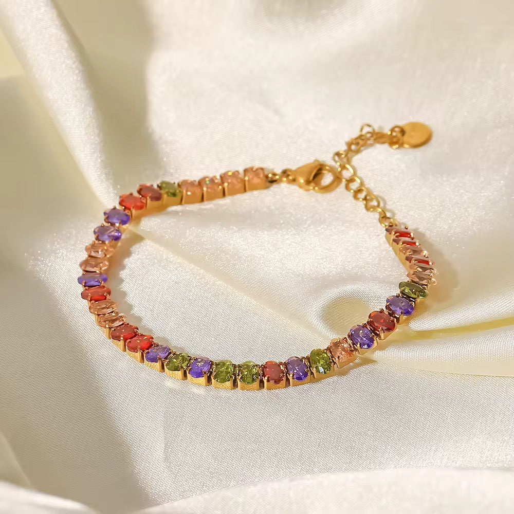 Bracciale tennis zirconi ovali - acciaio inossidabile placcato oro 18k PVD - zirconi colorati ovali